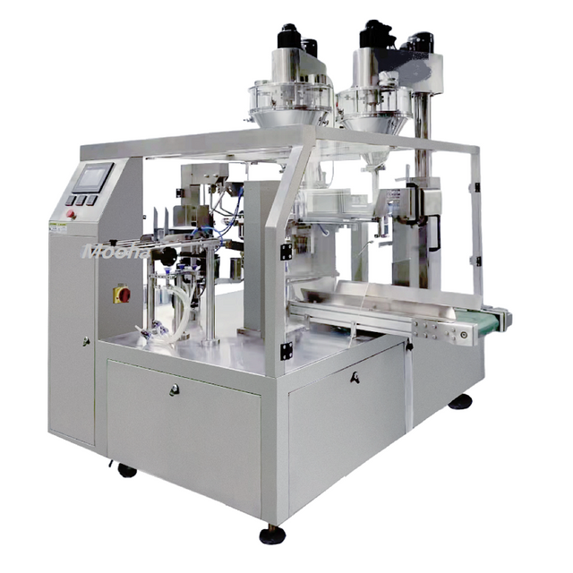 Máquina llenadora y selladora de polvo para bolsas prefabricadas de 8 estaciones Máquina envasadora de fertilizantes con proteínas picantes (personalizada para gránulos y líquidos)